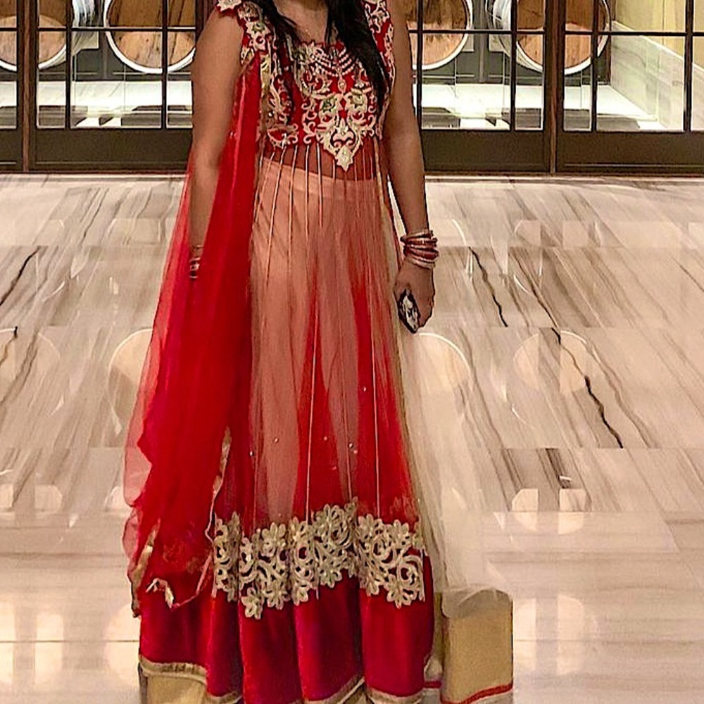 Red Embellished Net Lehenga